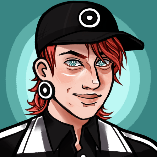 A hand drawn icon of  the owner of this site. They are a red haired pale white person wearing a black baseball cap with concentric circles in white on it as well as a black and white jacket with a big matching black and white concentric circle earring.
